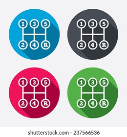 Manual transmission sign icon. Automobile mechanic control symbol. Circle buttons with long shadow. 4 icons set. Vector
