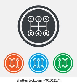 Manual transmission sign icon. Automobile mechanic control symbol. Graphic design web element. Flat transmission symbol on the round button. Vector
