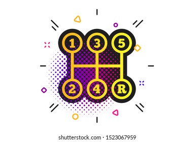 Manual transmission sign icon. Halftone dots pattern. Automobile mechanic control symbol. Classic flat transmission icon. Vector