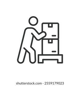 Manual unloading, icon in line design. Manual unloading, cargo handling, freight, unloading, warehouse work on white background vector. Manual unloading, icon in line design editable stroke icon