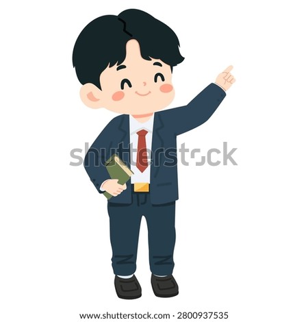 Manual vector art of a professional man in a suit pointing while holding a book. Represents leadership, knowledge, guidance, and business communication. Suitable for education, presentations, training, and corporate materials.