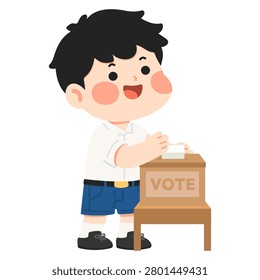 Manual vector art of a young student boy voting at the ballot box with confidence. Represents democracy, responsibility, participation, and civic awareness. Suitable for school activities, educational materials, and election campaigns.
