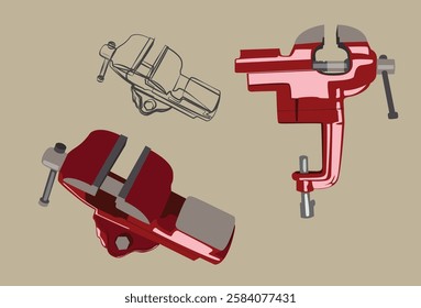 Manual vises on brown background with line sketch