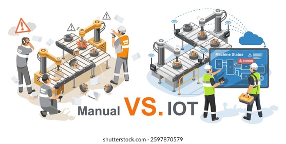 Manual vs. IoT Industrial Automation in Smart Factory Isometric Isolated Engineers and Technicians Monitoring and Maintaining Production System with Error Detection and Predictive Maintenance