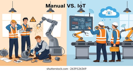 Manual vs. IoT Industrial Automation in Smart Factory Isometric Isolated - Engineers and Technicians Monitoring and Maintaining Production System with