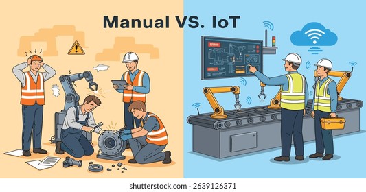 Manual vs. IoT Industrial Automation in Smart Factory Isometric Isolated - Engineers and Technicians Monitoring and Maintaining Production System with