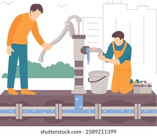 manual water pump system being operated and repaired by two workers concept, Fixing Leaking Community Water source vector design, plumbing banner, Handyman Services scene, HVAC technician illustration