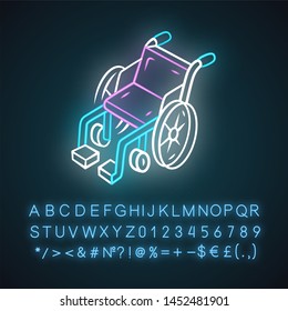 Manual wheelchair neon light icon. Wheel chair, mobility aid for disabled, invalid people with special needs. Glowing sign with alphabet, numbers and symbols. Vector isolated illustration