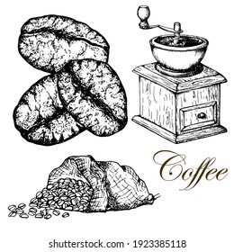 Manual wooden coffee grinder, coffee beans, bag with coffee beans. Vector. Hand drawn.Black and white sketch. Isolated on white background.Design of products from coffee, menu, packaging.
