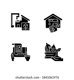 Manual work black glyph icons set on white space. 3D model for project. Building house from prototype. Home renovation. Self publishing. Farmer market. Silhouette symbols. Vector isolated illustration