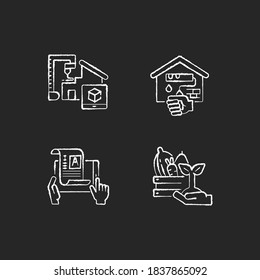 Manual work chalk white icons set on black background. 3D model for project. Building house from prototype. Home renovation. Self publishing. Farmer market. Isolated vector chalkboard illustrations