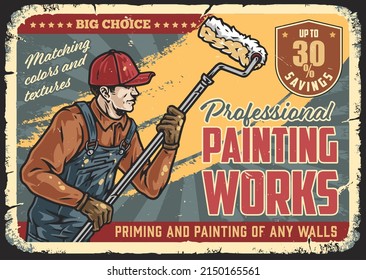 Manual Work Colorful Horizontal Advertising Flyer With Inscription, House Painter In Cap And Dirty Overalls Holding Roller, Vector Illustration