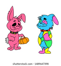 Manual work. Halloween. Two monster rabbits, one pink cheerful with a basket of pumpkin in hand and the second smiling in patches.