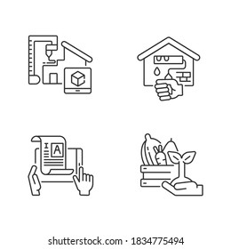 Manual work linear icons set. 3D model for project. Building house from prototype. Home renovation. Customizable thin line contour symbols. Isolated vector outline illustrations. Editable stroke