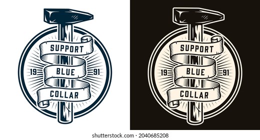 Manual work monochrome round badge in vintage style with ribbon with inscriptions around hammer on dark and light backgrounds isolated vector illustration