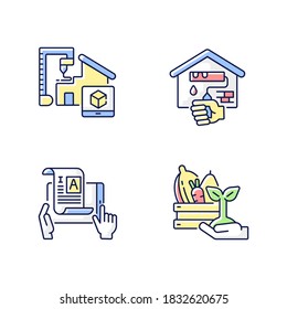 Manual work RGB color icons set. 3D model for project. Building house from prototype. Home renovation. Self publishing. Farmer market. Professional industry production. Isolated vector illustrations