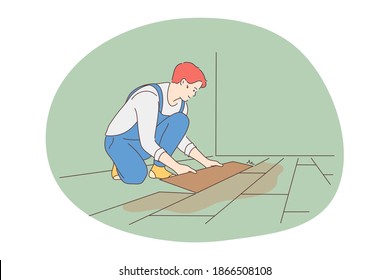 Manual worker, professions for man, job concept. Young smiling man professional worker cartoon character in uniform making new flooring for customers apartment indoors. Job, specialist, working sphere