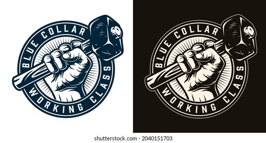 Manual worker round vintage emblem in monochrome style with male hand holding big hammer isolated vector illustration