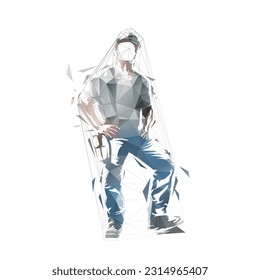 Manual worker standing in helmet, isolated low poly vector illustration. Hard work