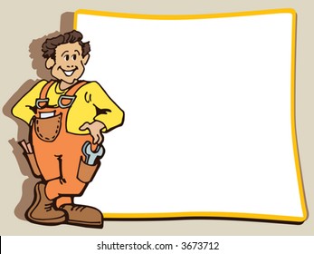 Manual worker is standing near a blank poster