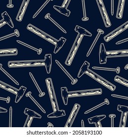 Manual worker tools seamless pattern with hammers and metal nails in vintage monochrome style vector illustration