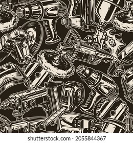 Manual worker tools vintage seamless pattern with hammer electric drill nailer spray gun saw blade tape measure industrial dryer welding mask angle grinder and polishing machines vector illustration