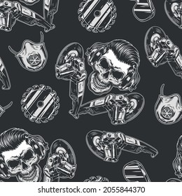 Herramientas de trabajo manual vintage sin soldadura patrón con moldeador de ángulo sawblade máscara respiratoria cráneo con peinado de moda en audífonos protectores ilustración vectorial