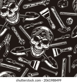 Manual worker tools vintage seamless pattern with hammer shovel pliers steel bolt female screw metal nail screwdriver spanner sledgehammer scraper skull in bandana vector illustration