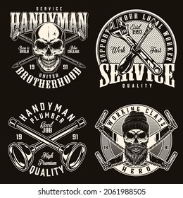 Manual worker vintage badges in monochrome style with bearded and mustached skull in beanie hat crossed metal nails saws toilet plungers screwdriver and adjustable wrench isolated vector illustration