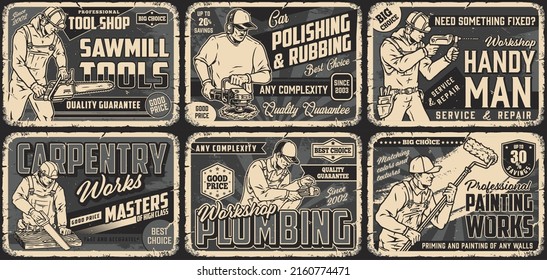 Manual workers monochrome vintage horizontal posters set with inscriptions, lumberjack, car polisher, construction worker, carpenter, plumber, house painter, vector illustration
