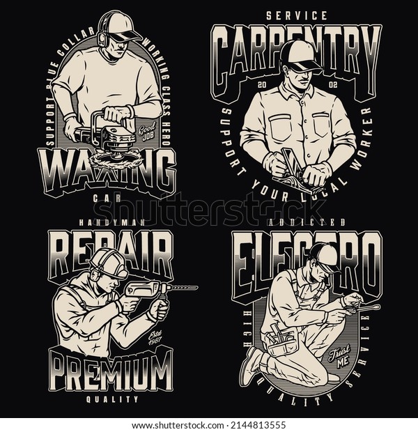 Manual workers monochrome vintage labels\
collection with inscriptions, man in ear protectors polishing car,\
carpenter in cap using wood plane, repairman holding drill,\
electrician with\
screwdriver