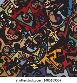 Manually drawn abstract pattern with colored sections, on black base