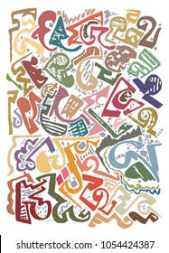 Manually drawn abstract pattern with digitally colored details, on white base