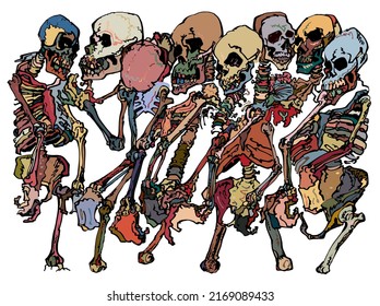 Manually drawn illustration, depicting several random colored skeletons intertwined