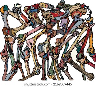 Manually drawn illustration, depicting several random colored skeletons intertwined