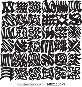 Manually drawn ornate abstract shapes in 6x6 black and white grid pattern