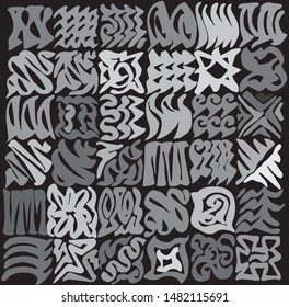 Manually drawn ornate abstract shapes in 6x6 gray scale grid pattern