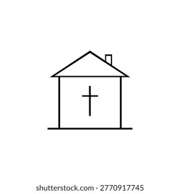 Manually drawn vector illustration of house icon with christian cross inside. Handcrafted linear symbol representing church religious community and chapel building. Isolated on white.