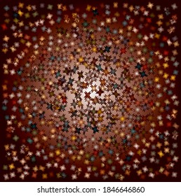 Manually generated stars shapes multiplied, filled with myriad colors, with a 3D feel overlapping effect, random distributed on a circular, deepening abyss feel background