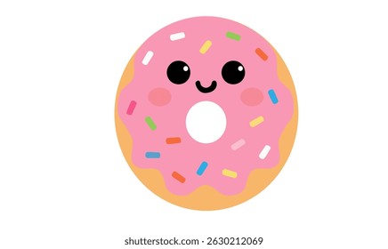 manually hand traced cute cartoon donut with sprinkles and shiny eyes, smiling in flat vector style. fun food character for kids’ design.