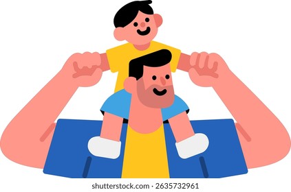 manually hand traced flat vector of a dad lifting a boy on his shoulders ideal for father's day greeting cards and posters.