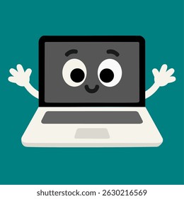 manually hand traced smiling cartoon laptop with expressive eyes and waving arms in flat style. Fun tech character for playful designs.