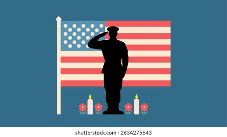 manually hand traced vector tribute to memorial day with soldier silhouette, a flag and remembrance flowers