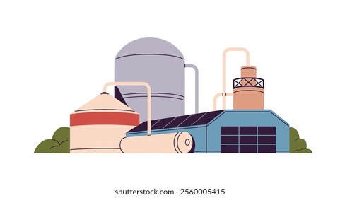 Manufactory building with cisterns, bunkers. Sugar, oil, dairy, compound feed plant. Manufacturing, production factory with tanks. Heavy or food industry. Flat isolated vector illustration on white