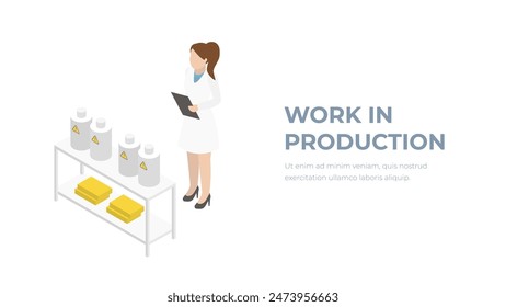 Manufactory woman character isometric worker. Factory or medical laboratory employe. A woman in a white coat at workplace. 