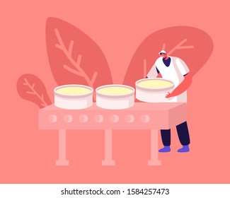 Manufactory Worker Forming Round Shapes of Cheese Put Prepared Mass into Special Circular Forms for Making Blocks on Conveyor Belt. Dairy Production Manufacture Stages. Flat Vector Illustration