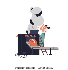 Manufacture accident, explosion, smoke at production factory. Broken unsafe equipment, exploded machine, bang in dangerous industry. Flat graphic vector illustration isolated on white background