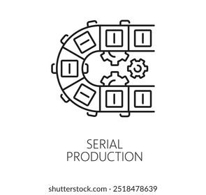 Fertigungs-, automatische und manuelle serielle Produktionslinie Symbol. Anlage Fließband automatische Maschinen, Fabrik manuelle Produktionsausrüstung oder Roboter Automatisierung Vektorsymbol mit Boxen auf Förderband