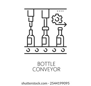 Fabricar transportador de garrafa, ícone de linha de produção automática e manual. Fabricação de automação de robôs de linha de montagem de fábrica, símbolo vetorial de linha de tecnologia de cadeia de fornecimento de depósito com garrafas no transportador