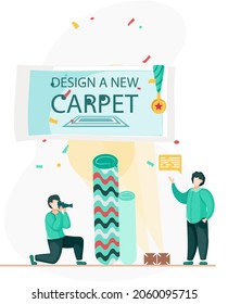 Manufacture of carpets concept. Men are working on design of new carpet, interior shop. People stand holding textile product design template near rolled carpets, photographing rugs for advertising